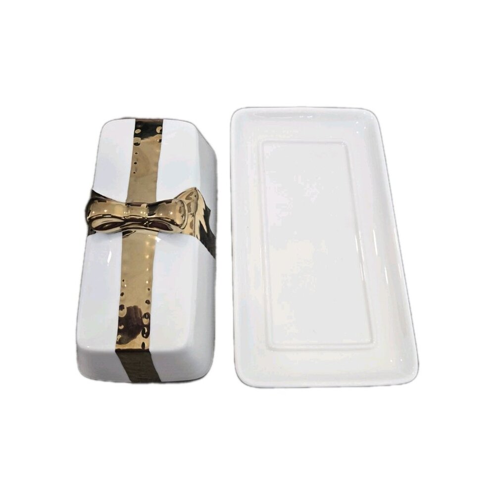 New White & Gold Porcelain Holiday Christmas Present W/ Bow Kitchen Butter Dish - Picture 5 of 5